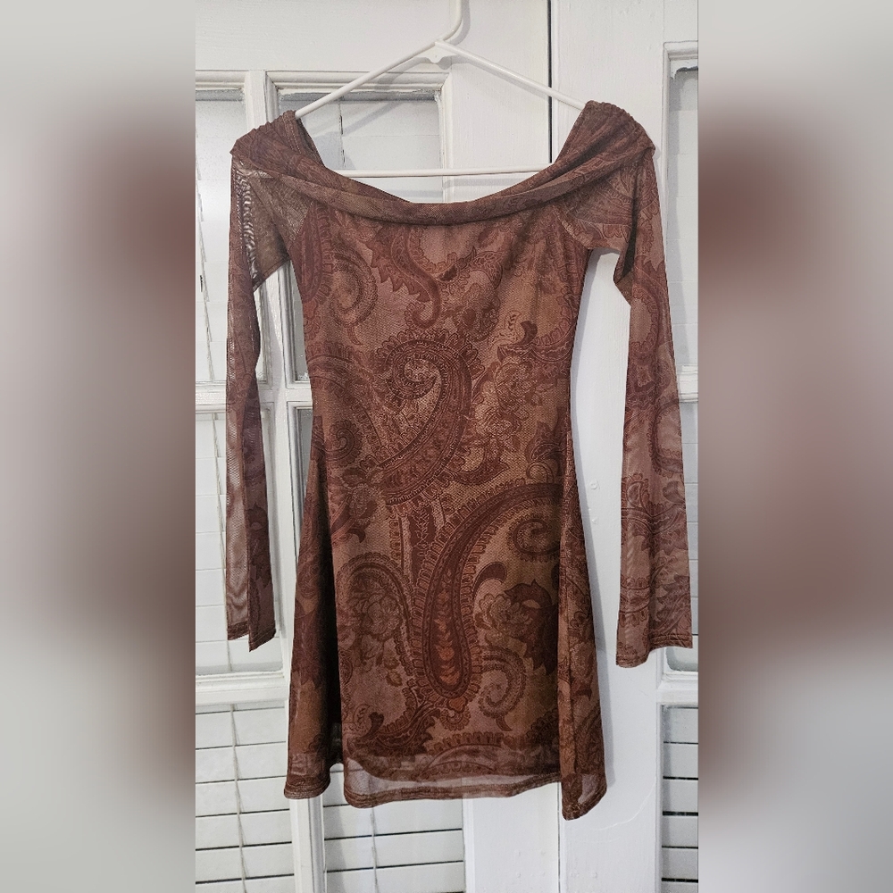 Urban Outfitters Brown Paisley Mesh Mini Dress – Off Shoulder, 90s Y2K Sheer Lay